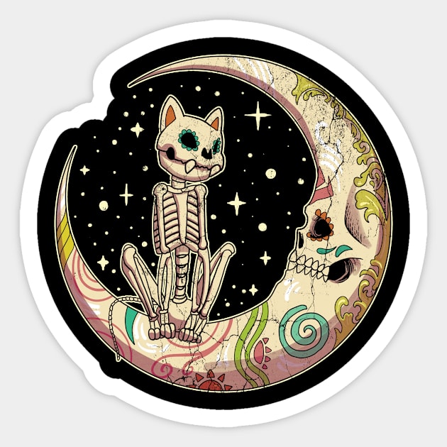 Sugar Skull Crescent Moon Cat Dead Day Halloween Sticker by Funnyawesomedesigns